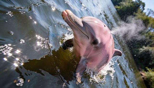 Pink river dolphin surfacing and exhaling mist in sunlit river near forested shore