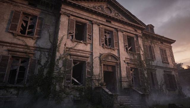 Decaying neoclassical manor crumbling facade with broken shutters, overgrown ivy at twilight