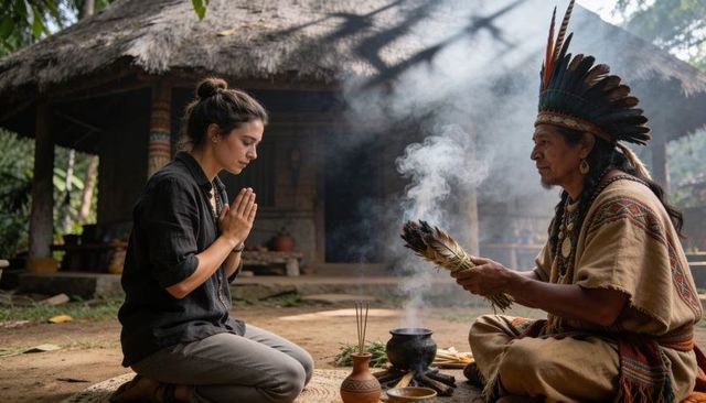 Woman kneeling with indigenous shaman performing traditional smudging ceremony in rainforest