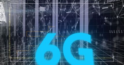 Innovative portrayal of 6G technology with advanced computer servers and abstract data overlays. Ideal for use in technology, telecommunications, or data processing marketing materials, as well as educational content related to future network developments.