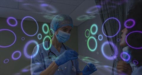 Clinician preparing nasal swab for patient with neon augmented reality rings in clinic