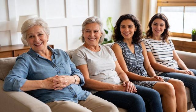 Multigenerational women sharing laughter on living room sofa embracing family bond