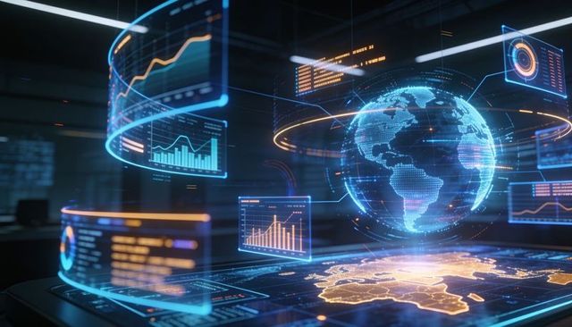 Holographic global data visualization displaying interactive analytics and futuristic map