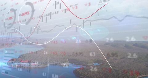 Coastal investment double exposure financial charts overlaying aerial headland landscape