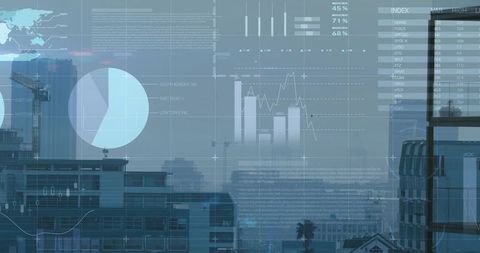 Rooftop city skyline overlaying transparent HUD dashboards showing financial analytics