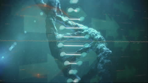 Futuristic DNA Strand with Data and Arrows
