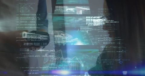Futuristic data processing over woman using payment terminal