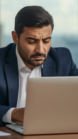 Vertical video showing focused businessman typing on laptop and reviewing report in office