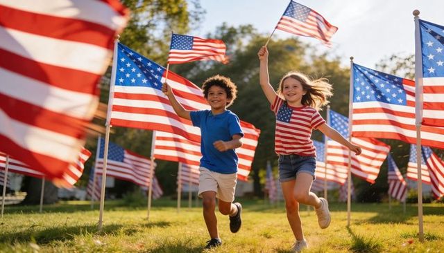Children running and waving american flags through backyard flag display for fourth of july
