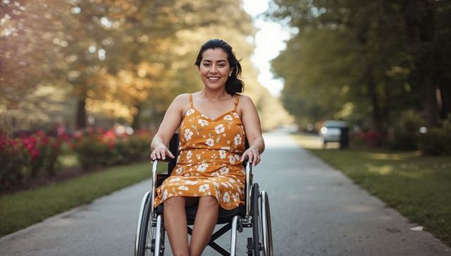 Woman propelling wheelchair along sunlit park path wearing orange floral dress
