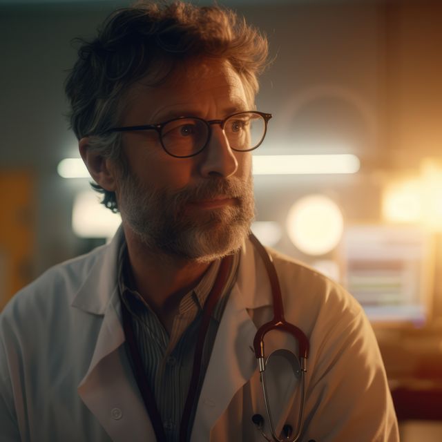 An experienced doctor standing in a hospital, wearing a white coat and stethoscope. The warm lighting emphasizes the doctor’s thoughtful and dedicated expression, indicating commitment to patient care. Ideal for use in medical websites, healthcare promotional materials, or articles discussing the importance of healthcare professionals in the medical field.