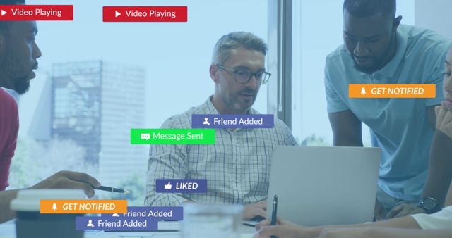 Team Collaborating with Social Media Notifications Overlays - Download Free Stock Images Pikwizard.com