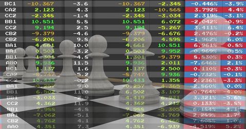 White pawns commanding glossy chessboard overlaid with stock tickers conveying strategic market thin