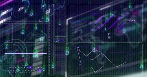 Futuristic Digital Interface with Data Streams and Network Visualizations