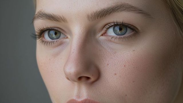 Staring closeup freckled woman with green-blue eyes, long lashes, natural skin texture