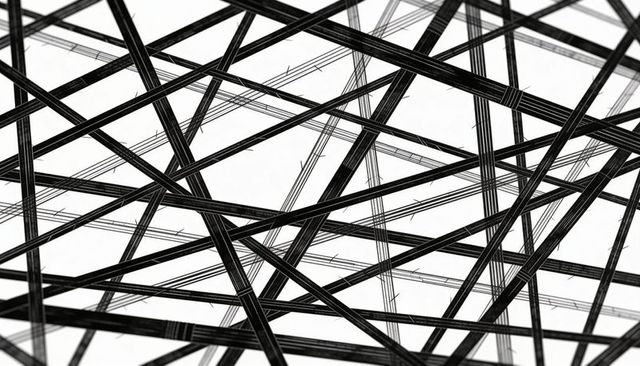 Monochrome lattice of intersecting beams creating dynamic geometric network pattern texture