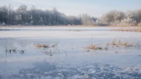 Moving Camera Revealing Frozen Wetland with Frosted Reeds and Icy Shoreline