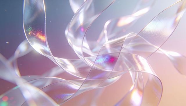 Twisting iridescent ribbon strands refracting pastel light with pearlescent glitter