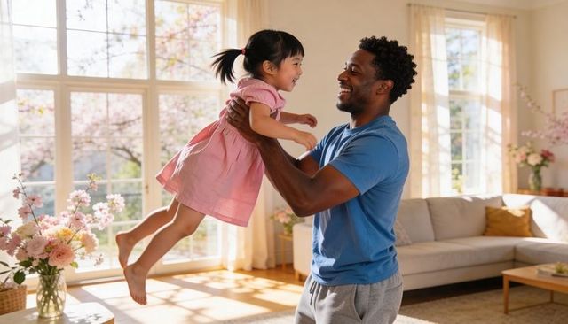 Smiling father lifting daughter in sunlit living room with spring flowers and sofa
