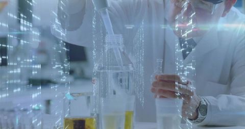 Senior scientist pipetting in futuristic research lab with holographic data overlays and glassware