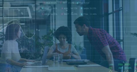 Team of Professionals Analyzing Data with Digital Overlay