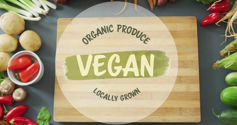 Organic produce vegan medley on wooden cutting board