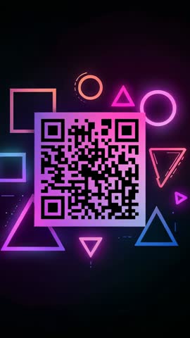 Vertical looping video of pulsing neon QR code with rotating geometric shapes