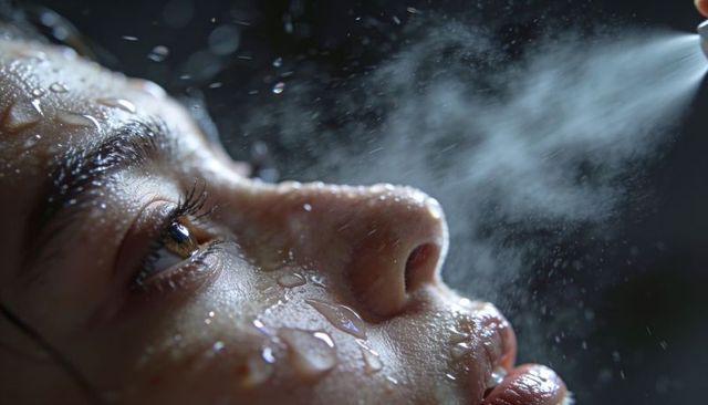 Close-up child face being sprayed with mist and water droplets macro skincare portrait