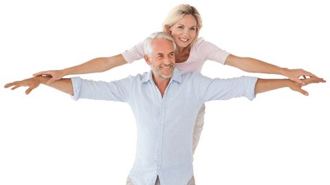 Transparent Joyful Mature Couple with Outstretched Arms Offering Playful Energy