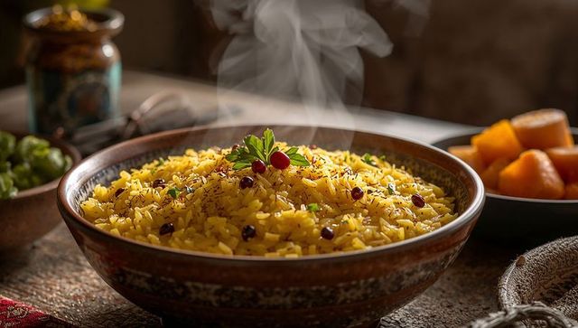 Steaming saffron rice in rustic ceramic bowl with pomegranate seeds and parsley garnish