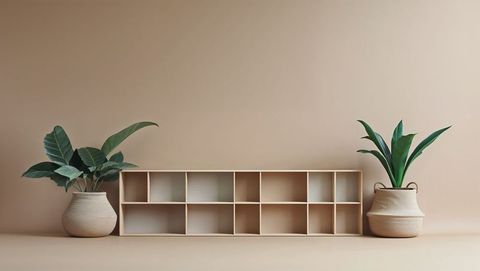 Minimalist shelving with woven planter pots and green houseplants for website designs