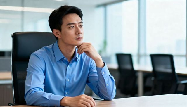 Young professional man contemplating career in modern office, blue shirt, natural light