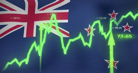 Business data graphics over new zealand flag