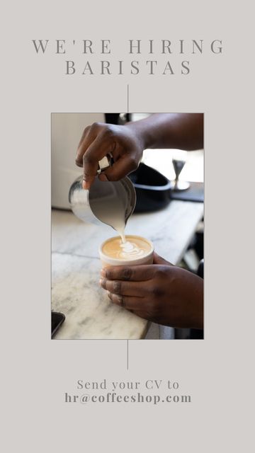 Vertical image of we are hiring baristas over hands of african american man preparing coffee. Job offer, cafe and advertisement concept.