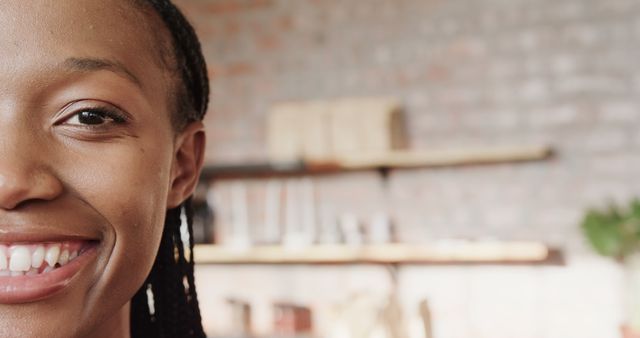 Close-up of Smiling African American Woman in Casual Indoor Space - Download Free Stock Images Pikwizard.com