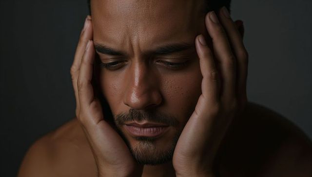 Moody closeup portrait of man pressing hands to face, introspective emotion and stress