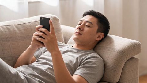 Man reclining on sofa using smartphone wearing gray tee and joggers in bright living room