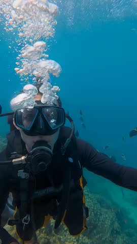 Vertical scuba video showing diver exhaling bubbles over coral reef scanning fish