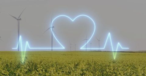 Heart-shaped Neon Pulse in Renewable Energy Field Scene