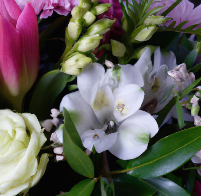 Bright and colorful close-up of a mixed flower bouquet featuring tulip, lisianthus, and lush green foliage. This image can be used for spring or summer-themed marketing, promotional materials for florists, greeting cards, and home decor inspiration.