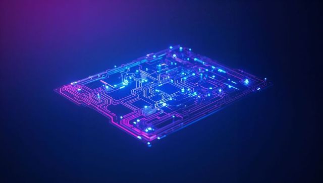 Glowing Neon AI Circuit Board Floating in Dark Void