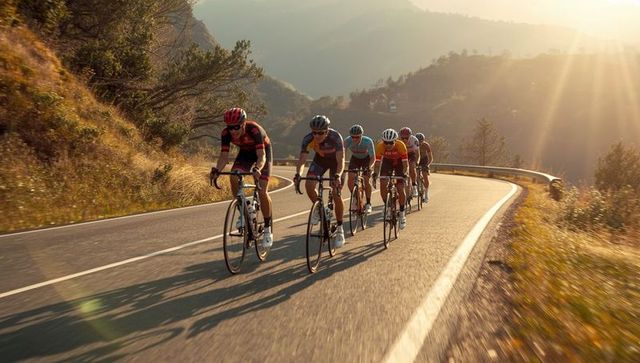 Cycling Group Tackling Mountain Terrain Road at Sunrise