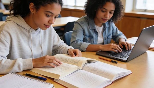 High school students studying together reading textbooks and typing on laptop in library