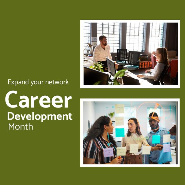 Multiracial business colleagues brainstorming with career development month text in green frame. Copy space, digital composite, promotes career development, celebration, encouragement, growth.