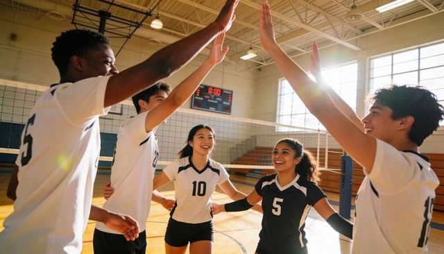 High-fiving youth volleyball team celebrating victory in sunlit school gymnasium with scoreboard