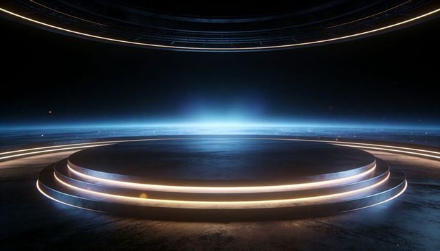 Glowing Futuristic Circular Stage with Three-Tier Rings and Neon Edge Lighting