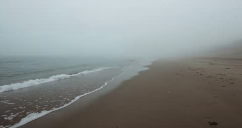 Foggy Shoreline with Gentle Waves Harboring Serene Atmosphere
