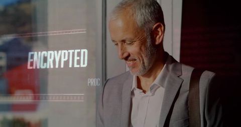 Smiling Businessman Next to Encrypted Digital Interface