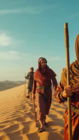 Three men walking dune crest crossing sunlit desert with staffs and robes | Vertical cinematic video