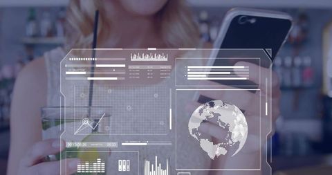 Woman holding smartphone and cocktail while tapping futuristic data hud analytics overlay